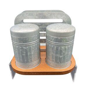 Better Homes & Gardens Farmhouse Galvanized Metal Salt Pepper Shakers Wood Base